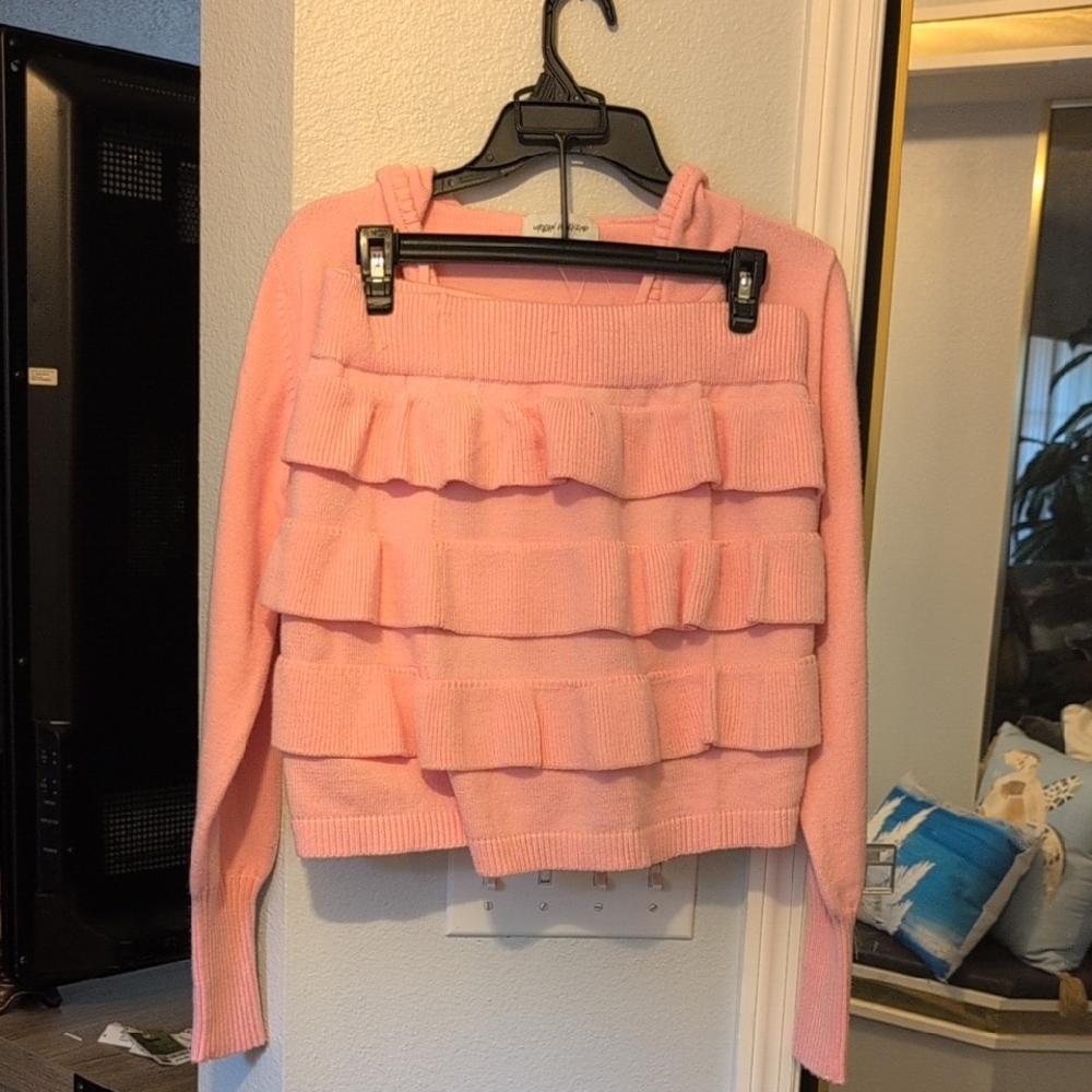 Pink Ruffle Knit Sweater Hoodie With Matching Skort Brand New